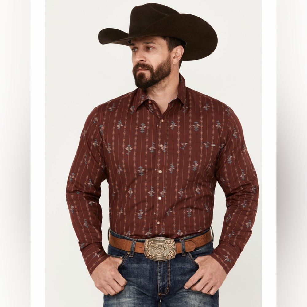 Tin Haul Stripe Arrowhead Long Sleeve Western Snap Shirt Tribal Burgandy Wine XL